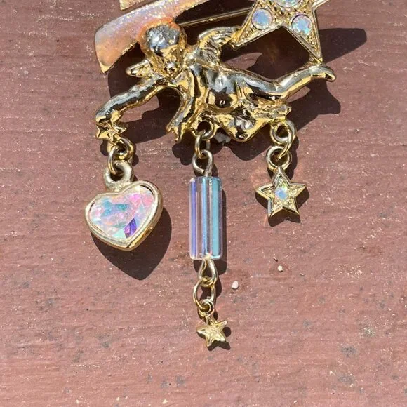 Rhinestone KIRKS FOLLY Charm BROOCH / PIN~ Shooting STAR Heart CHERUB / ANGEL - Picture 4 of 6